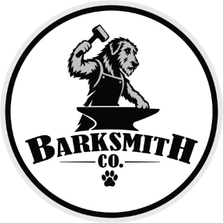 Barksmith Co. badge logo with a dog blacksmith at an anvil